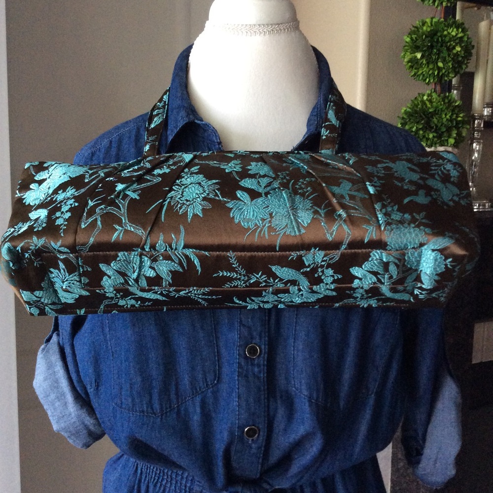 LAST 1! NEW 100% Silk Shoulder Purse Brown Aqua Birds Floral Big Sky Shanghai - Picture 7 of 8